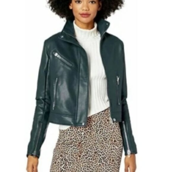 Blank NYC Revolve Hunter Green Faux Leather Long Sleeve Fall Moto Jacket NWOT - Picture 2 of 3